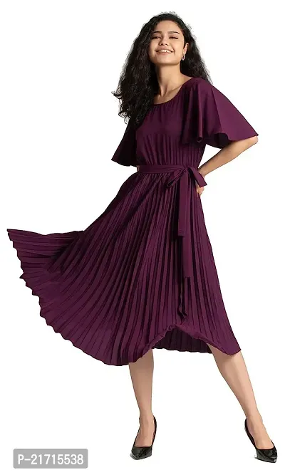 Lebeauti Women's Crepe Pleated Bell Sleeves with Belt Knee Length One Piece Western Dresses for Women|Stylish Latest Dresses|A Line Dress for Girls|Gown|Party Dress-thumb0