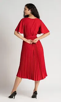 Lebeauti Women's Crepe Pleated Bell Sleeves with Belt Knee Length One Piece Western Dresses for Women|Stylish Latest Dresses|A Line Party Dress for Girls_Wine-thumb1