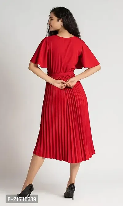 Lebeauti Women's Crepe Pleated Bell Sleeves with Belt Knee Length One Piece Western Dresses for Women|Stylish Latest Dresses|A Line Party Dress for Girls_Wine-thumb2