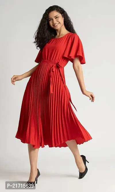Lebeauti Women's Crepe Pleated Bell Sleeves with Belt Knee Length One Piece Western Dresses for Women|Stylish Latest Dresses|A Line Party Dress for Girls_Wine-thumb4