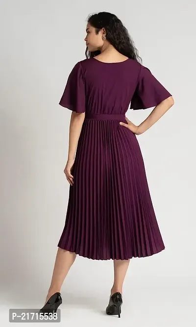 Lebeauti Women's Crepe Pleated Bell Sleeves with Belt Knee Length One Piece Western Dresses for Women|Stylish Latest Dresses|A Line Dress for Girls|Gown|Party Dress-thumb2