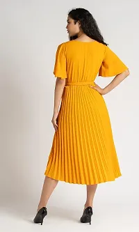 Lebeauti Women's Crepe Pleated Bell Sleeves with Belt Knee Length One Piece Western Dresses for Women|Stylish Latest Dresses|A Line Dress for Girls|Gown|Party Dress-thumb2
