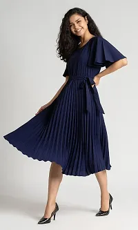 Lebeauti Women's Crepe Pleated Bell Sleeves with Belt Knee Length One Piece Western Dresses for Women|Stylish Latest Dresses|A Line Party Dress for Girls-thumb3