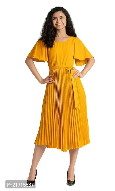 Lebeauti Women's Crepe Pleated Bell Sleeves with Belt Knee Length One Piece Western Dresses for Women|Stylish Latest Dresses|A Line Dress for Girls|Gown|Party Dress-thumb0