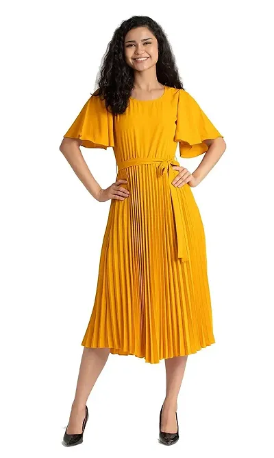 Lebeauti Women's Crepe Pleated Bell Sleeves with Belt Knee Length One Piece Western Dresses for Women|Stylish Latest Dresses|A Line Dress for Girls|Gown|Party Dress