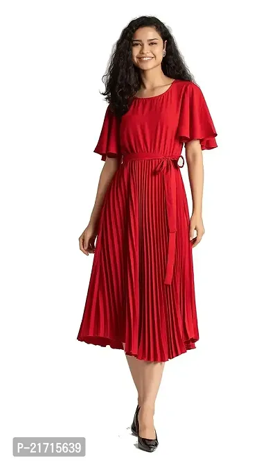 Lebeauti Women's Crepe Pleated Bell Sleeves with Belt Knee Length One Piece Western Dresses for Women|Stylish Latest Dresses|A Line Party Dress for Girls_Wine-thumb0