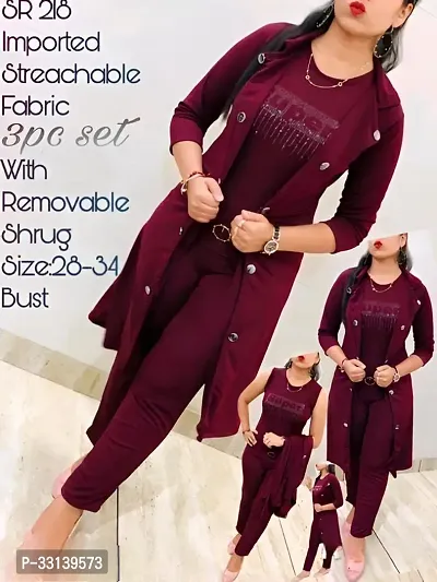 Contemporary Maroon Lycra Printed Top with Bottom And Shrug Set For Women-thumb0