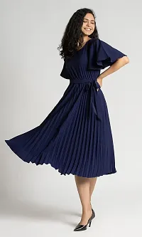 Lebeauti Women's Crepe Pleated Bell Sleeves with Belt Knee Length One Piece Western Dresses for Women|Stylish Latest Dresses|A Line Dress for Girls|Gown|Party Dress-thumb3