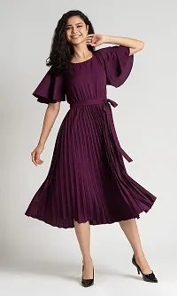 Lebeauti Women's Crepe Pleated Bell Sleeves with Belt Knee Length One Piece Western Dresses for Women|Stylish Latest Dresses|A Line Dress for Girls|Gown|Party Dress-thumb4