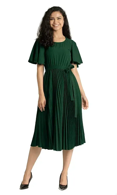 Lebeauti Women's Crepe Pleated Bell Sleeves with Belt Knee Length One Piece Western Dresses for Women|Stylish Latest Dresses|A Line Dress for Girls|Gown|Party Dress