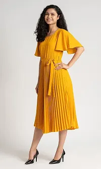 Lebeauti Women's Crepe Pleated Bell Sleeves with Belt Knee Length One Piece Western Dresses for Women|Stylish Latest Dresses|A Line Dress for Girls|Gown|Party Dress-thumb4