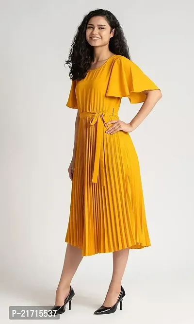 Lebeauti Women's Crepe Pleated Bell Sleeves with Belt Knee Length One Piece Western Dresses for Women|Stylish Latest Dresses|A Line Dress for Girls|Gown|Party Dress-thumb5