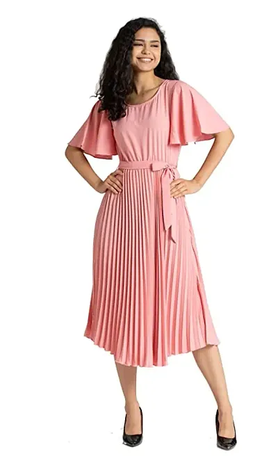 Inbrija Women's Crepe Pleated Bell Sleeves with Belt One Piece Western Dress (S_V_F_501)