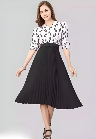 Floral Shirt Collar Pleated Fit Flare Midi Dress