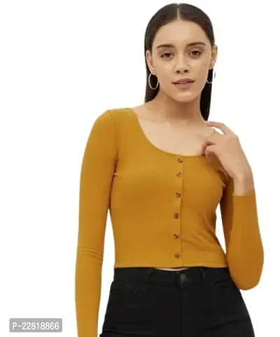 Elegant Yellow Cotton Blend Solid Top For Women