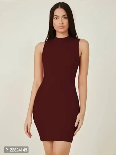 Stylish Maroon Cotton Blend Solid Bodycon Dress For Women-thumb0