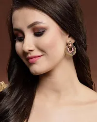 Designer Earrings for Women Girls Fashion Jewellery Ethnic Wear Gold Plated Stone Beaded Studs chandbali style (Peach)-thumb1