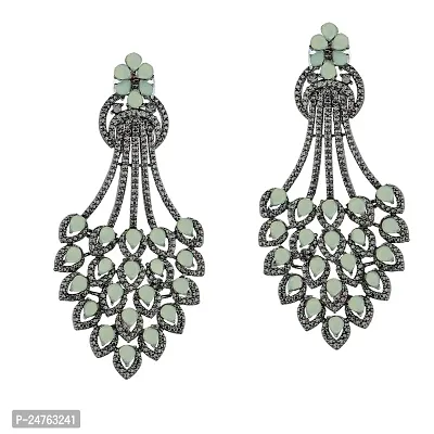 Korean Traditional Black Plated Crystal Jumka/Jhumki |Chandbali Earrings for Women  Girls | American Diamond Studded Studs Jewellery (Mint)-thumb0
