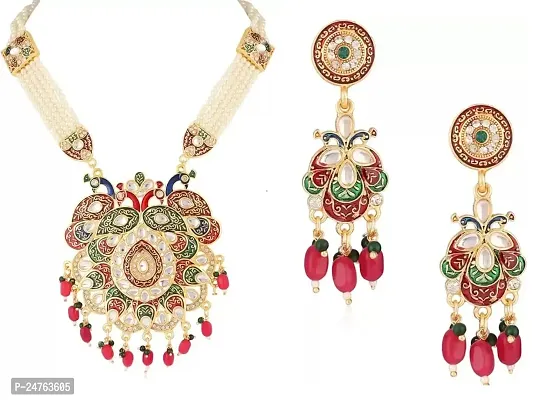 RHOSYN Artificial Imitation Jadau Jewellery Elegant Stylish Traditional Ethnic Wear Pearl Beaded Rajputana Necklace Rani Haar Earring SetCPY2