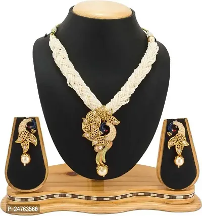 RHOSYN Elegant Traditional Stylish Ethnic Designer Wear Gold Plated Stone Studded Off White Pearl Beaded Meenakari Peacock Style Necklace Set with Earrings(BJPCK130 Cpy1)-thumb4