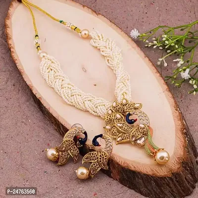 RHOSYN Elegant Traditional Stylish Ethnic Designer Wear Gold Plated Stone Studded Off White Pearl Beaded Meenakari Peacock Style Necklace Set with Earrings(BJPCK130 Cpy1)-thumb5