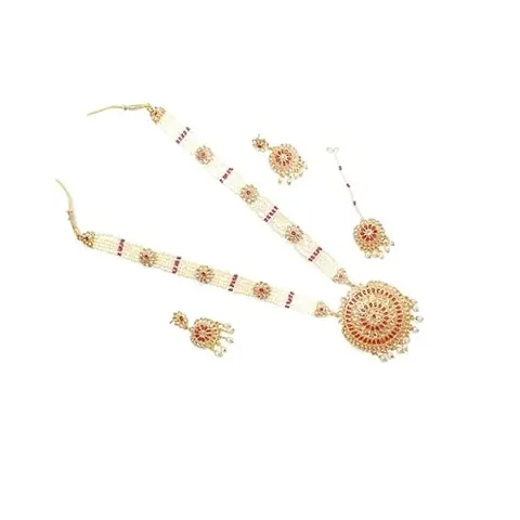 Rhosyn Traditional Ethnic Plated Kundan Studded with Beaded Pearls Haar Necklace Jewellery Set with Maang Tikka and Earrings (BJ 245 LH)