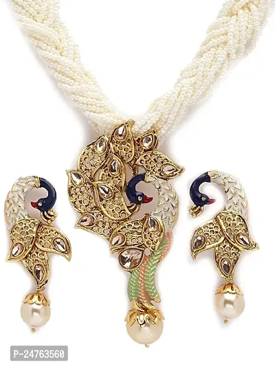 RHOSYN Elegant Traditional Stylish Ethnic Designer Wear Gold Plated Stone Studded Off White Pearl Beaded Meenakari Peacock Style Necklace Set with Earrings(BJPCK130 Cpy1)-thumb0