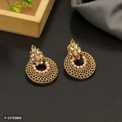Designer Earrings for Women Girls Fashion Jewellery Ethnic Wear Gold Plated Stone Beaded Studs chandbali style (Peach)-thumb4