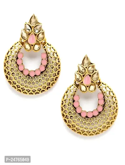 Designer Earrings for Women Girls Fashion Jewellery Ethnic Wear Gold Plated Stone Beaded Studs chandbali style (Peach)-thumb0
