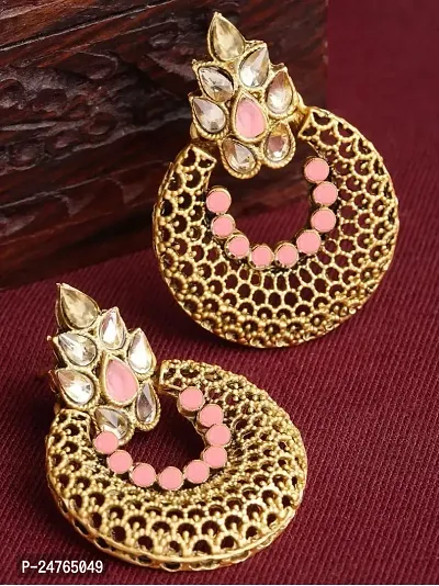 Designer Earrings for Women Girls Fashion Jewellery Ethnic Wear Gold Plated Stone Beaded Studs chandbali style (Peach)-thumb3