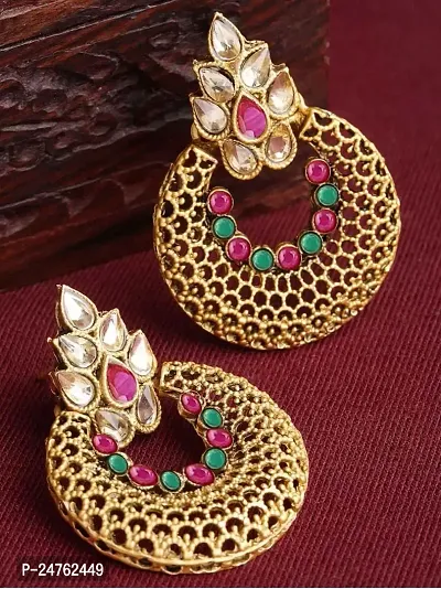 Designer Earrings for Women Girls Fashion Jewellery Ethnic Wear Gold Plated Stone Beaded Studs chandbali style (Multi)-thumb4