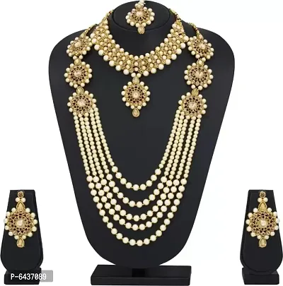 Traditional  Ethnic Gold Plated Kundan Studded with Beaded Pearls Rani Haar, Choker Necklace Jewellery Set with Maang Tikka and Earrings (BJ SRH3L Golden)