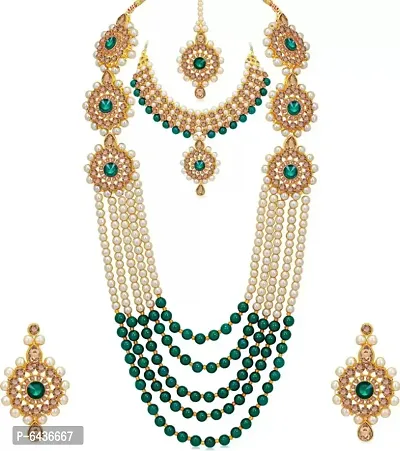 Artificial Imitation Traditional  Ethnic Gold Plated Kundan Studded with Beaded Pearls Rani Haar,  Choker Necklace Jewellery Set with Maang Tikka and Earrings (BJRH3C Green)