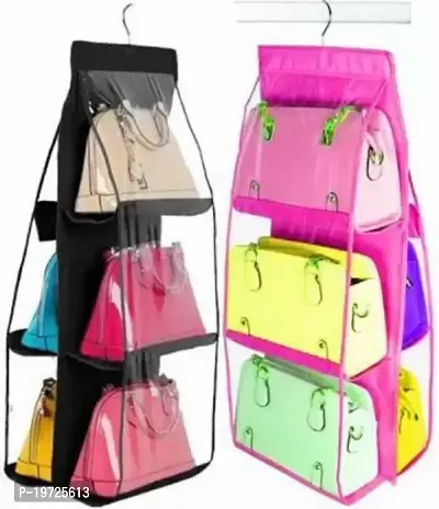 Ultimatefashionista 6 Pocket Large Clear Purse Handbag Hanging Storage Bag/ Organizer /Closet Tidy Closet Organizer Wardrobe/ Rack Hangers Holder For Fashion Handbag Purse Storage Pouch Pack Of 2 Pink Handbag Organizer