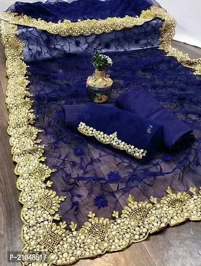 Stylish Net Navy Blue Saree With Blouse Piece For Women