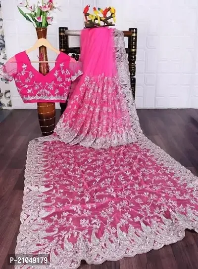 Stylish Net Pink Saree With Blouse Piece For Women-thumb0