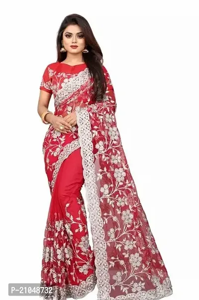 Stylish Net Red Saree With Blouse Piece For Women-thumb0