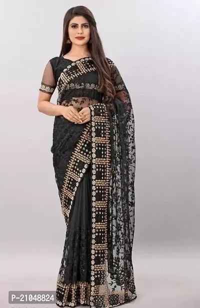 Stylish Net Black Saree With Blouse Piece For Women