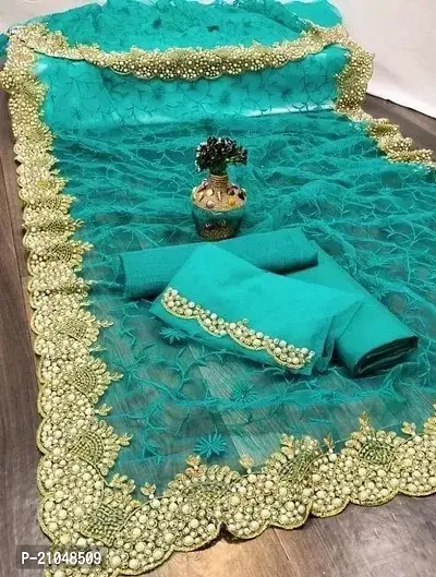 Stylish Net Sea Green Saree With Blouse Piece For Women