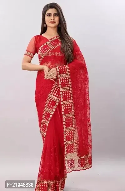 Stylish Net Red Saree With Blouse Piece For Women