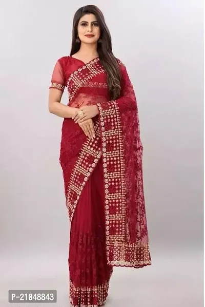 Stylish Net Red Saree With Blouse Piece For Women-thumb0