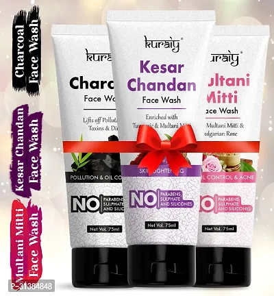 Kuraiy Kesar Chandan Multani Mitti   Charcoal Skin Lightening  Tan Removal Face Wash Pack of 3-thumb0