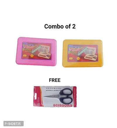 Combo of 2 Plastic Thread or Needle Box or Sewing Kit Box. Black Color Small Scissor is FREE-thumb0