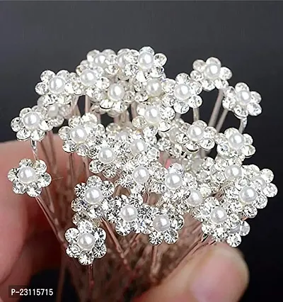 12 Pcs Bride Diamond Pearl Flower Tiara Wedding Bridesmaid Pearl Flower Hair Pin Delicate and Elegant Female U-pin Metal Hair Fork for Women's-thumb3