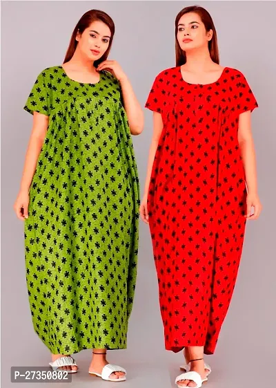 Elegant Multicoloured Cotton Printed Nighty For Women Pack Of 2-thumb0