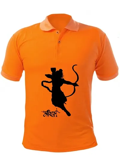 Stylish Orange Cotton Blend Printed Collar Neck Polo Unisex T-Shirt