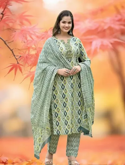 Straight Blend Kurta, Bottom and Dupatta Set For Women