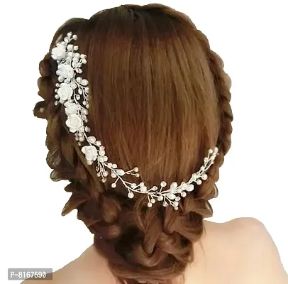Ziory 1pc Silver Plated Alloy Crystal White Bridal Pearl Wedding Flower Vine with Comb Hairpin Hair Clip Wedding Hair Jewellery for Girls and Women-thumb0