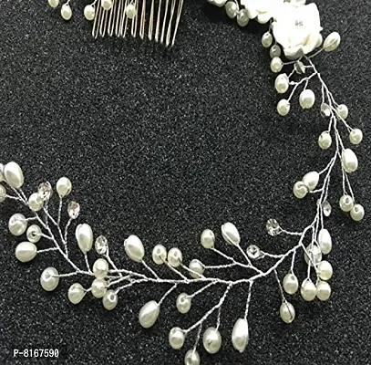 Ziory 1pc Silver Plated Alloy Crystal White Bridal Pearl Wedding Flower Vine with Comb Hairpin Hair Clip Wedding Hair Jewellery for Girls and Women-thumb3