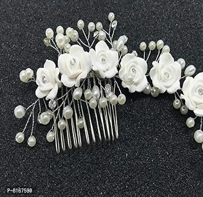 Ziory 1pc Silver Plated Alloy Crystal White Bridal Pearl Wedding Flower Vine with Comb Hairpin Hair Clip Wedding Hair Jewellery for Girls and Women-thumb2